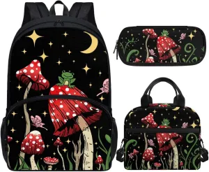 Mushroom Kids Backpack 8-10 Years Old Trendy School Bag for Elementary Boys Girls 5 Grade 3Pcs Daypack with Lunch Bag Pencil Case for School & Travel