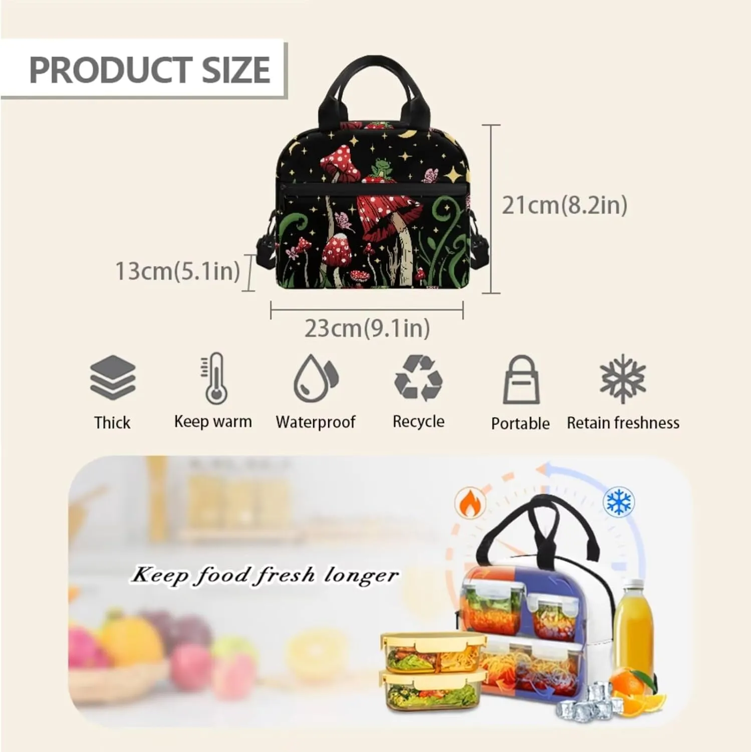 Mushroom Kids Backpack 8-10 Years Old Trendy School Bag for Elementary Boys Girls 5 Grade 3Pcs Daypack with Lunch Bag Pencil Case for School & Travel