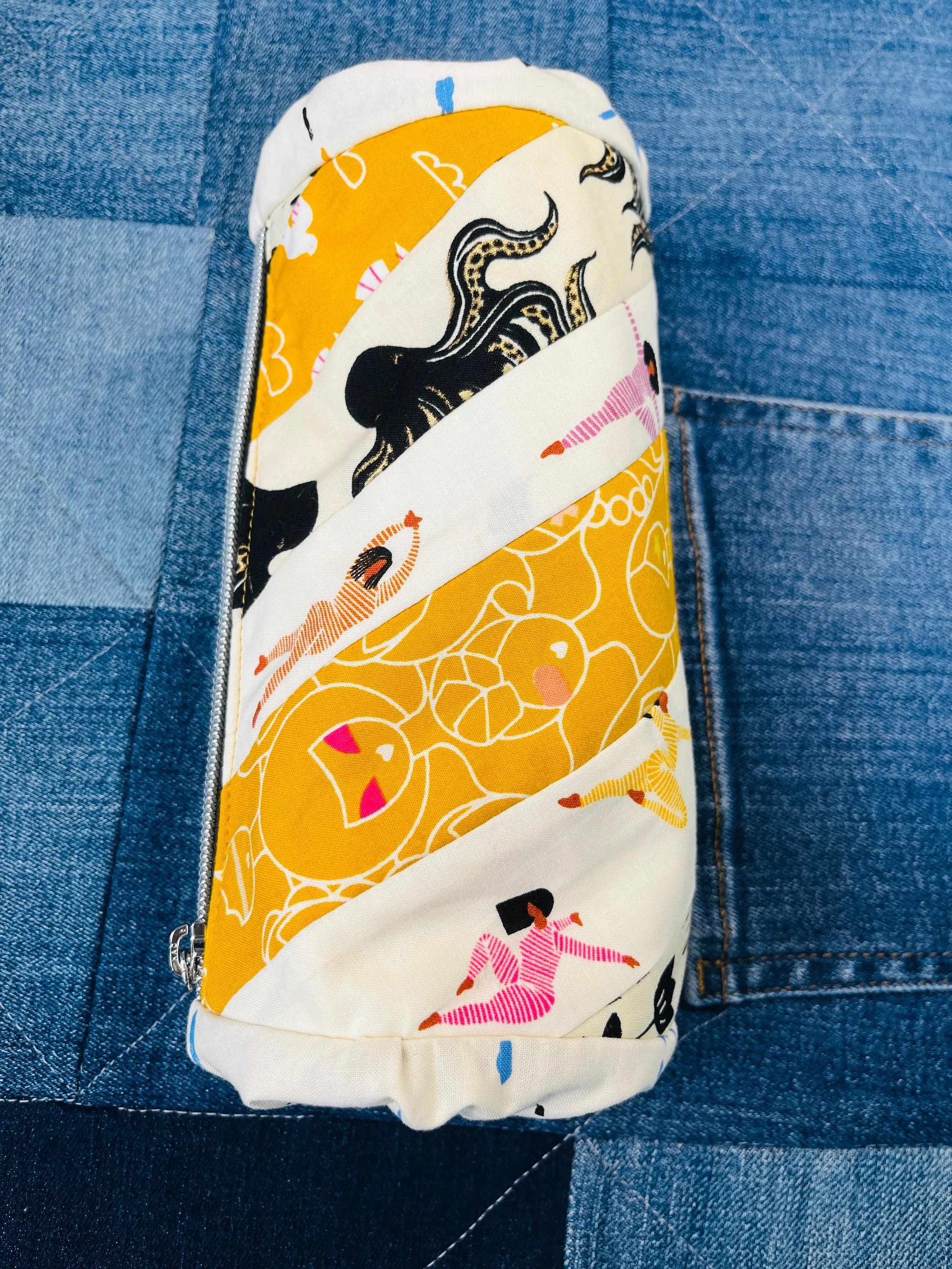 Mustard Cream Twirled Ends Patchwork Zip Pouch