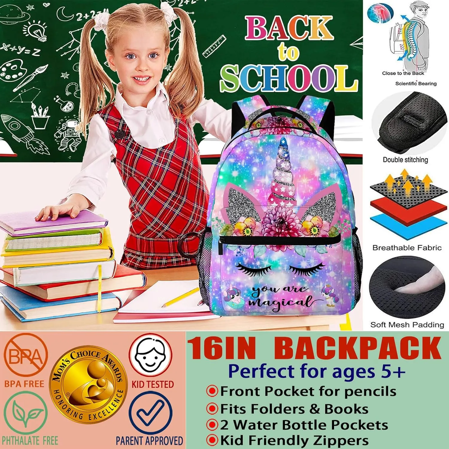 NASIAN Backpack for Girls Kids, Adjustable Strap Waterproof 16 inch Girls Backpack School BookBag Outdoor Daypack