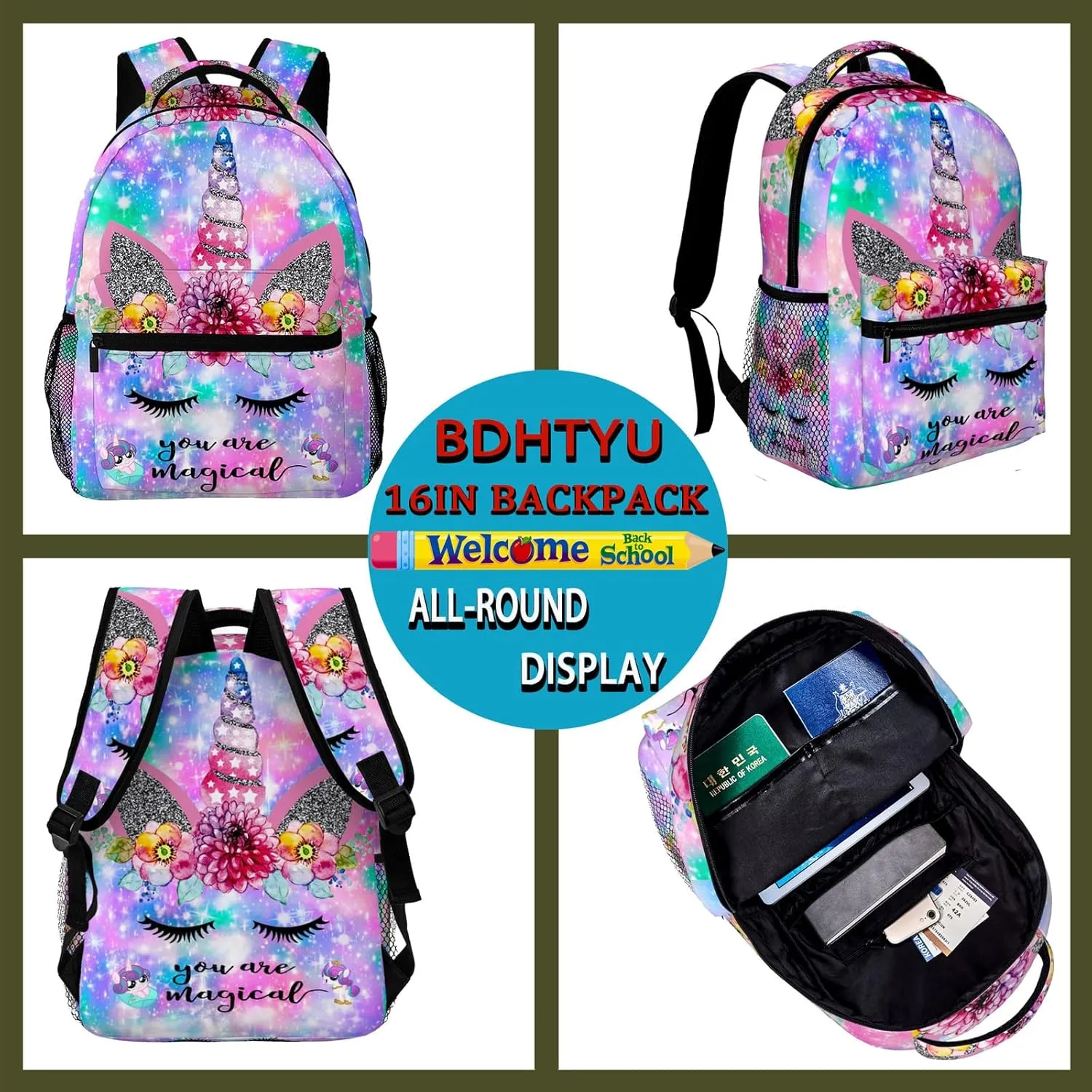NASIAN Backpack for Girls Kids, Adjustable Strap Waterproof 16 inch Girls Backpack School BookBag Outdoor Daypack