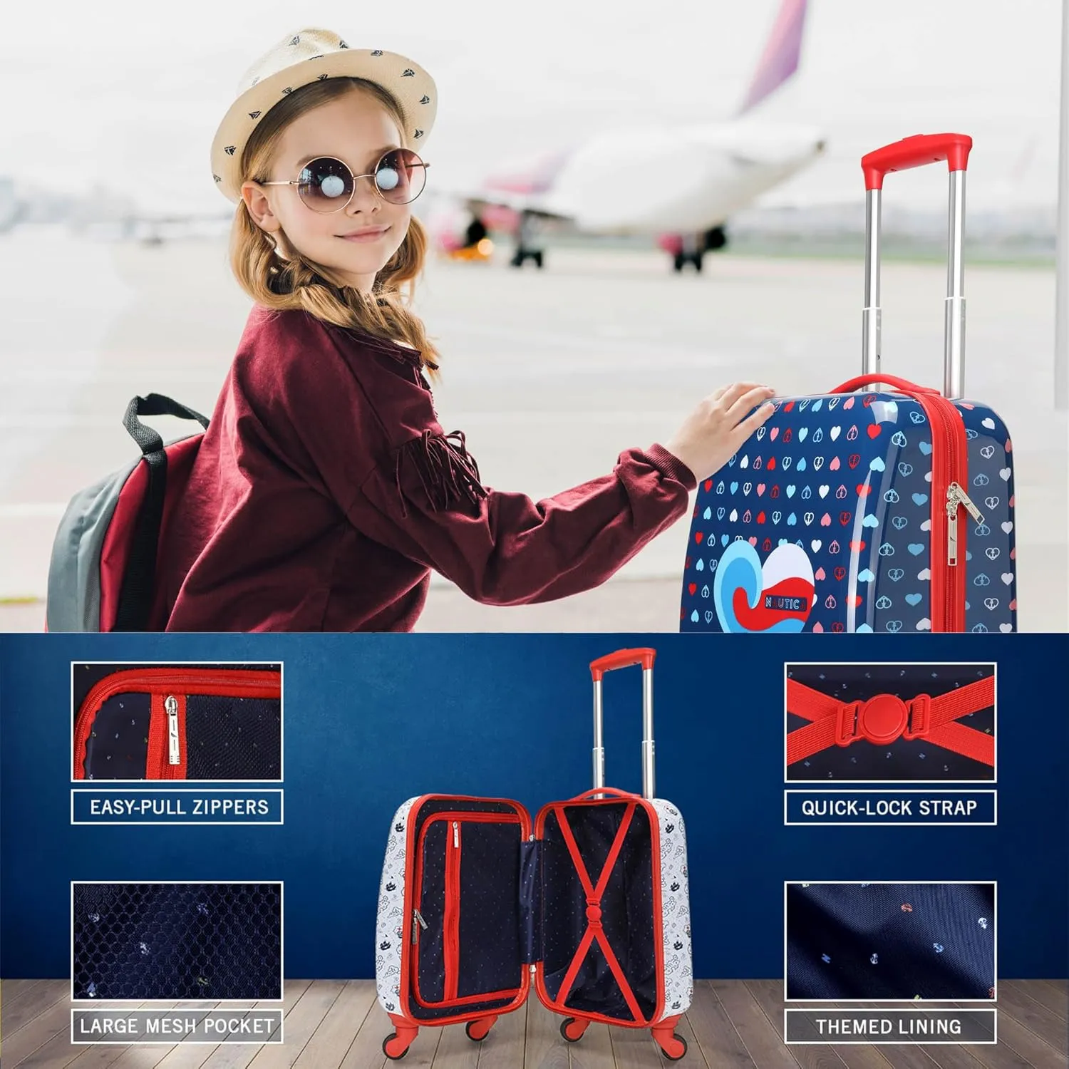 NAUTICA Kids Luggage - 18" Airline Approved Rolling Hardside Upright Carry-on Suitcase Set with Wheels (Submarine Journey | 5pc School Set)