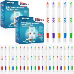 Navona 300 PCS Premium Individually Wrapped Bulk Toothbrush Pack, Disposable Toothbrushes, Kids Toothbrush, Medium Soft Bristle Toothbrushes, Ergonomics Handle, Perfect for Travel Hotel Donation
