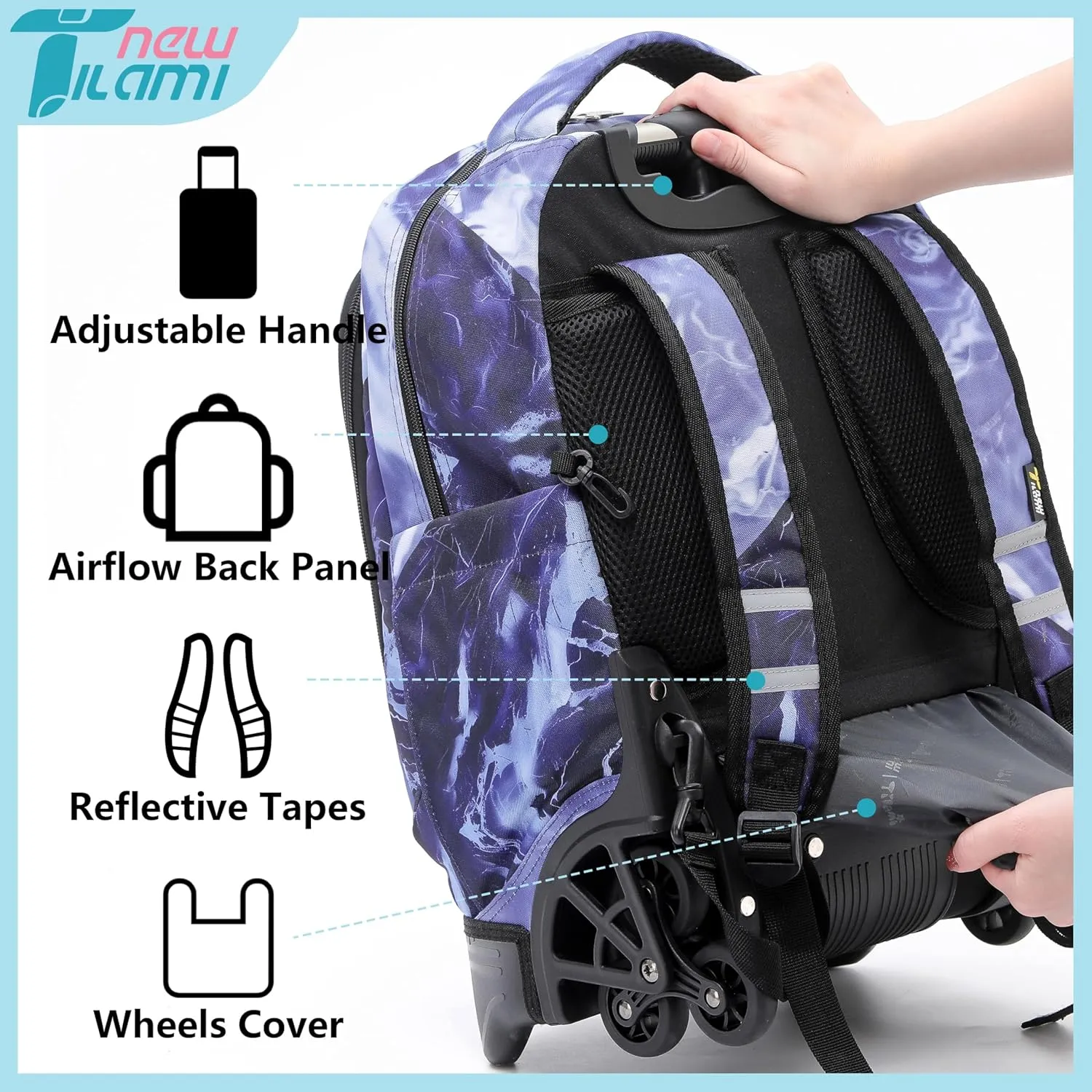 NEW TILAMI 18 inch Rolling Backpack Boys for School – Durable, Waterproof, Adjustable Handle, Stair Climbing, Variety of Colors & Patterns, Lightning Purple