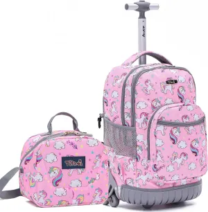NEW TILAMI 18" Kids Rolling Backpack for School - Waterproof, Durable, Stair-Climbing, Variety of Colors Patterns for Girls & Boys, Cute Pink Unicorn