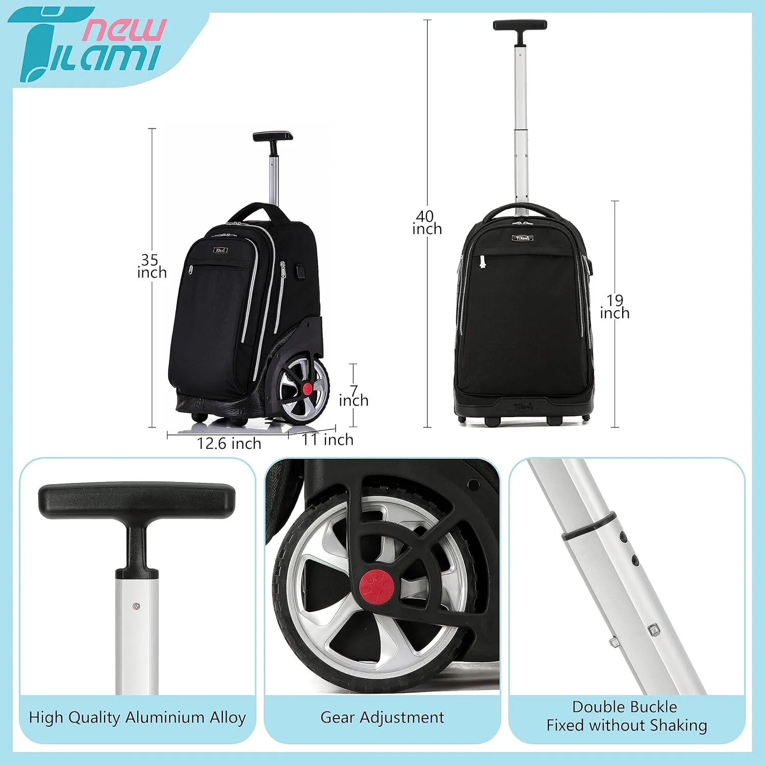 NEW TILAMI Rolling Backpack 19 inch Teens Rolling Backpack Cute Wheeled Computer Laptop Backpack Bookbag Roller Travel Bag College, Black