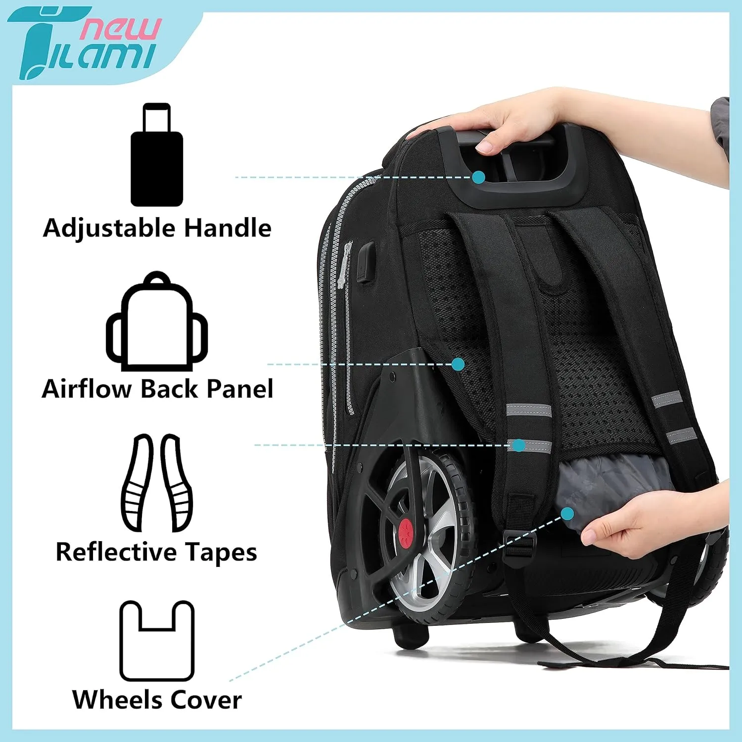 NEW TILAMI Rolling Backpack 19 inch Teens Rolling Backpack Cute Wheeled Computer Laptop Backpack Bookbag Roller Travel Bag College, Black