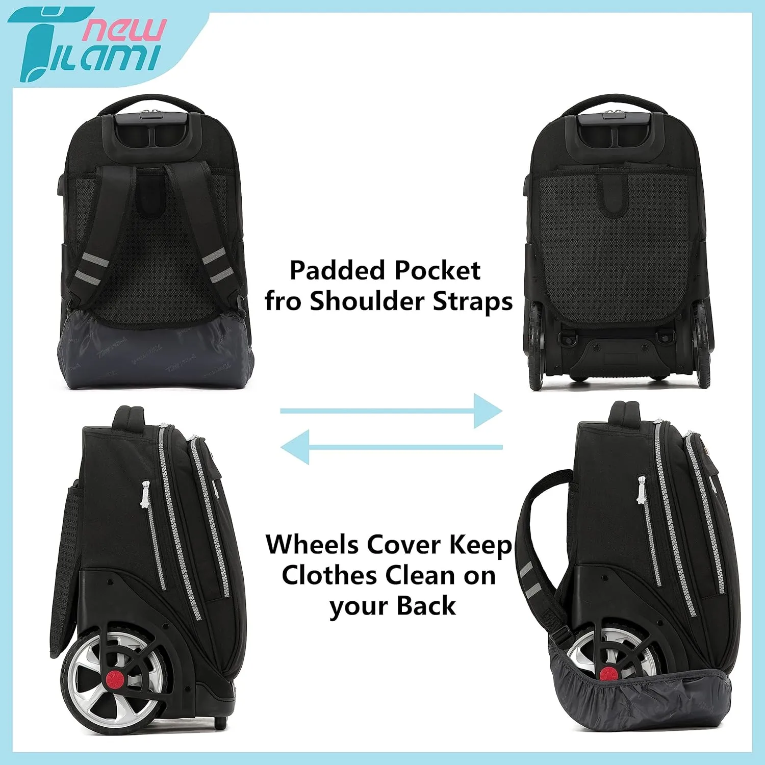 NEW TILAMI Rolling Backpack 19 inch Teens Rolling Backpack Cute Wheeled Computer Laptop Backpack Bookbag Roller Travel Bag College, Black