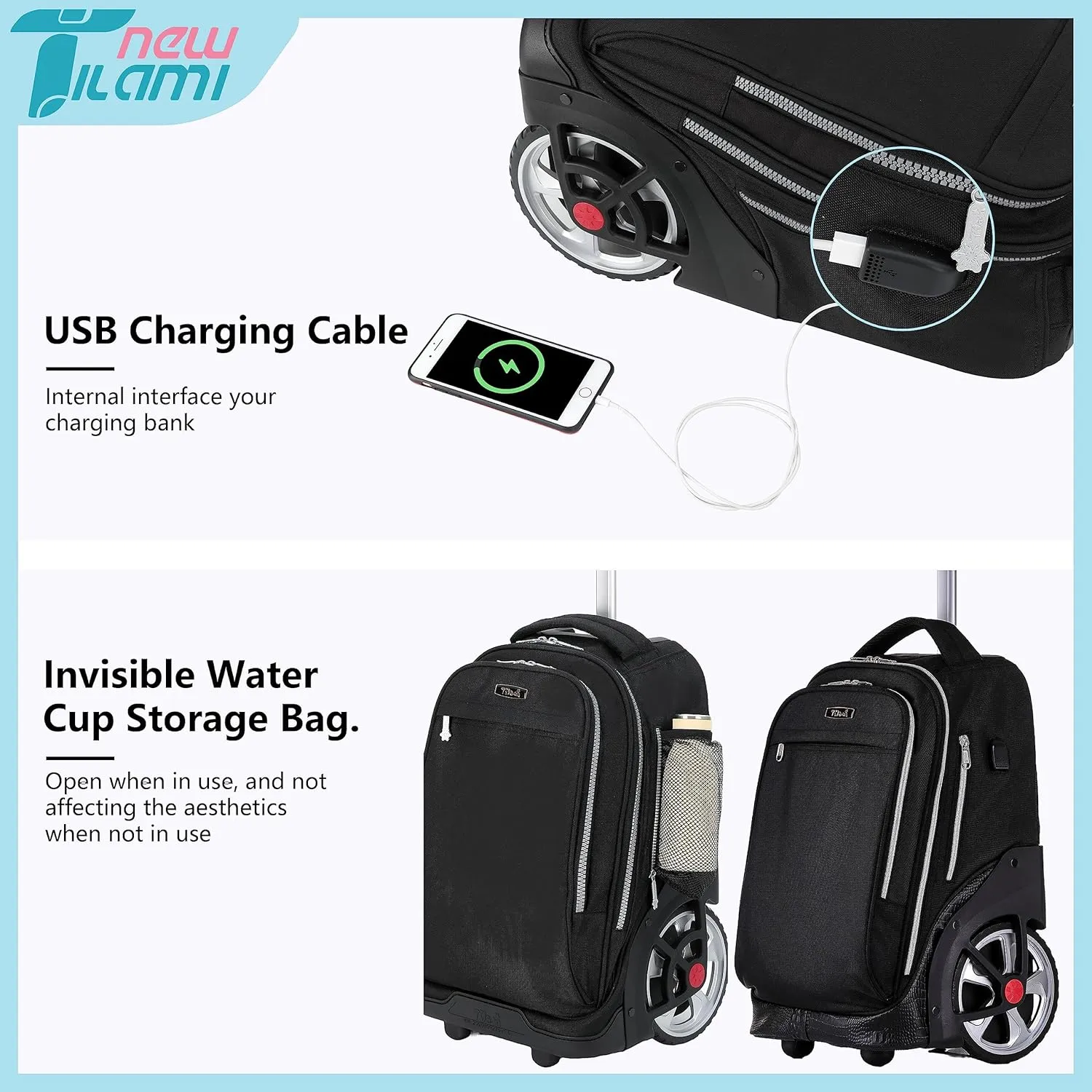 NEW TILAMI Rolling Backpack 19 inch Teens Rolling Backpack Cute Wheeled Computer Laptop Backpack Bookbag Roller Travel Bag College, Black