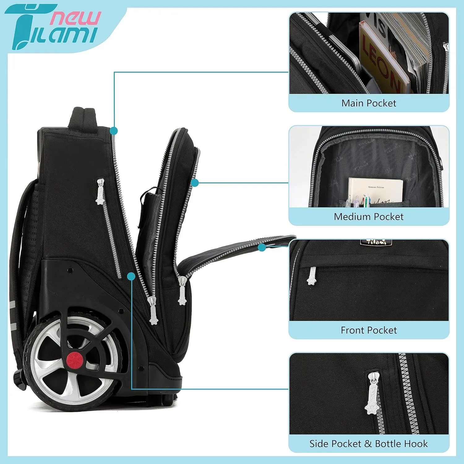 NEW TILAMI Rolling Backpack 19 inch Teens Rolling Backpack Cute Wheeled Computer Laptop Backpack Bookbag Roller Travel Bag College, Black