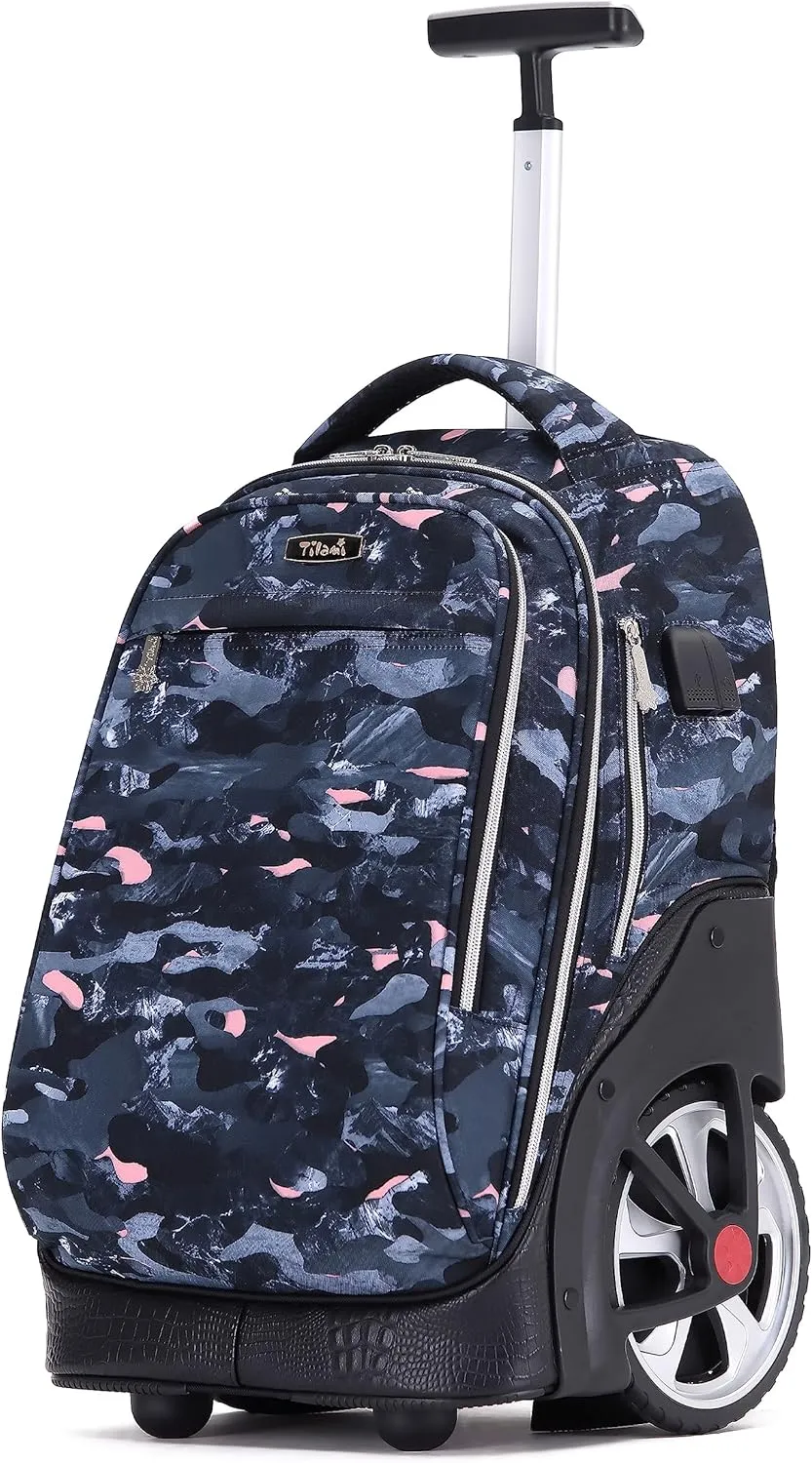 NEW TILAMI Rolling Backpack 19 inch Teens Rolling Backpack Cute Wheeled Computer Laptop Backpack Bookbag Roller Travel Bag College, Doodle Grey