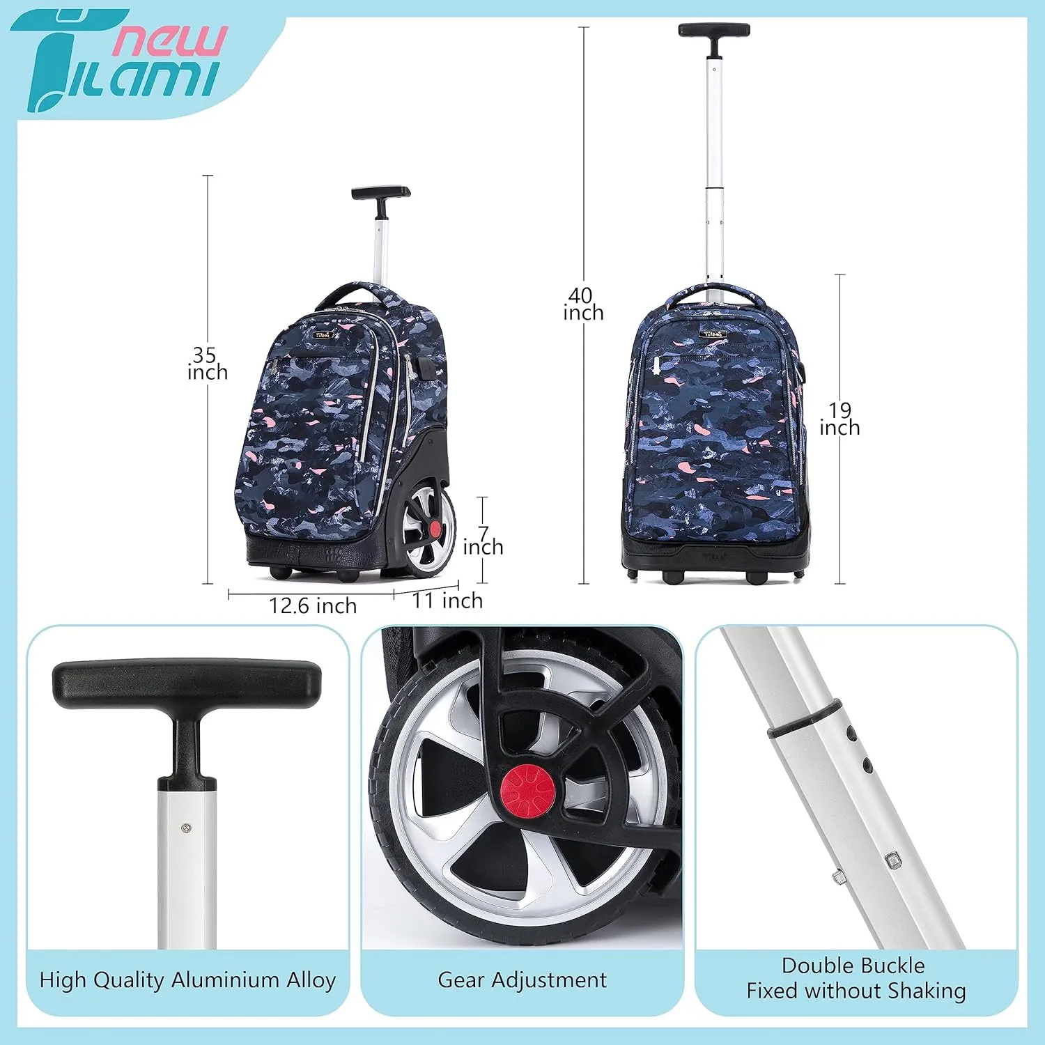 NEW TILAMI Rolling Backpack 19 inch Teens Rolling Backpack Cute Wheeled Computer Laptop Backpack Bookbag Roller Travel Bag College, Doodle Grey