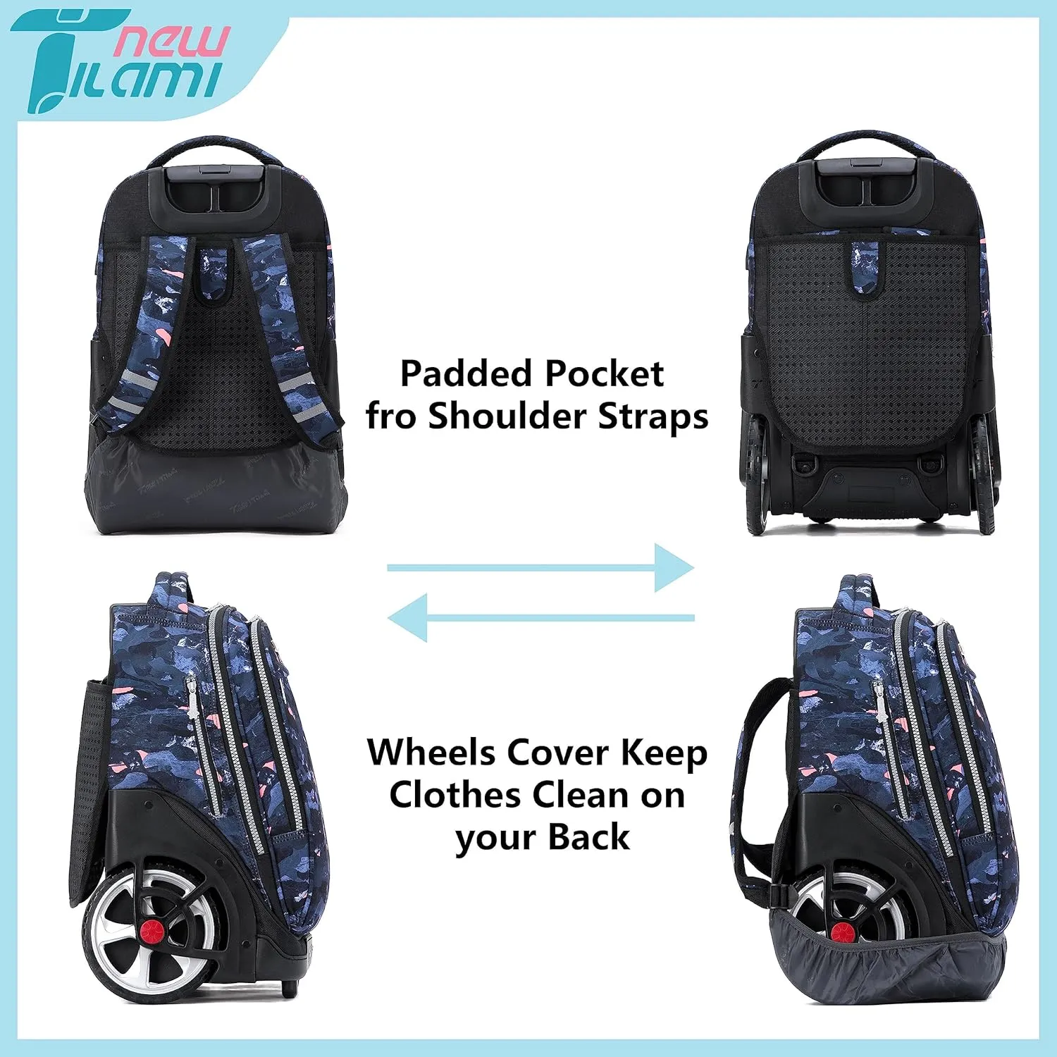 NEW TILAMI Rolling Backpack 19 inch Teens Rolling Backpack Cute Wheeled Computer Laptop Backpack Bookbag Roller Travel Bag College, Doodle Grey