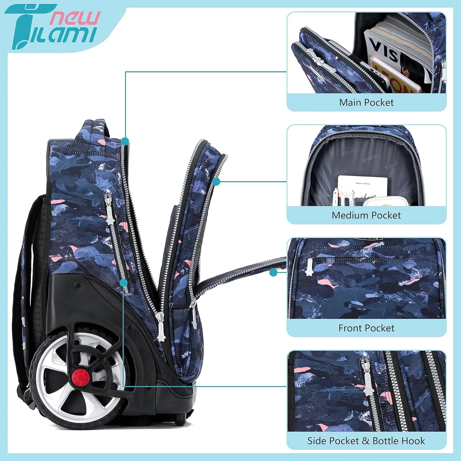 NEW TILAMI Rolling Backpack 19 inch Teens Rolling Backpack Cute Wheeled Computer Laptop Backpack Bookbag Roller Travel Bag College, Doodle Grey