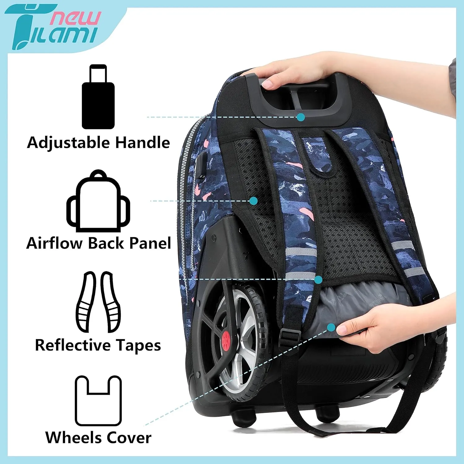 NEW TILAMI Rolling Backpack 19 inch Teens Rolling Backpack Cute Wheeled Computer Laptop Backpack Bookbag Roller Travel Bag College, Doodle Grey