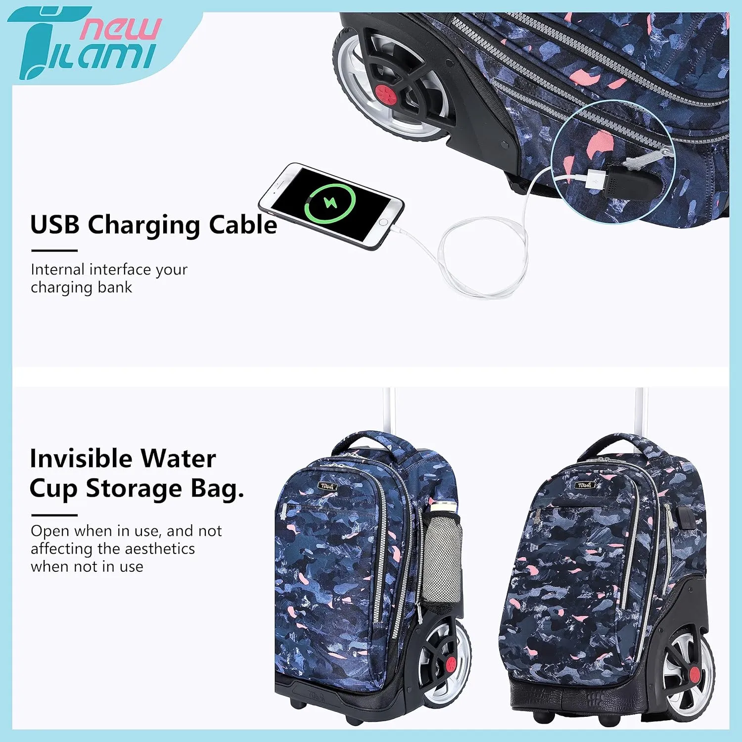 NEW TILAMI Rolling Backpack 19 inch Teens Rolling Backpack Cute Wheeled Computer Laptop Backpack Bookbag Roller Travel Bag College, Doodle Grey