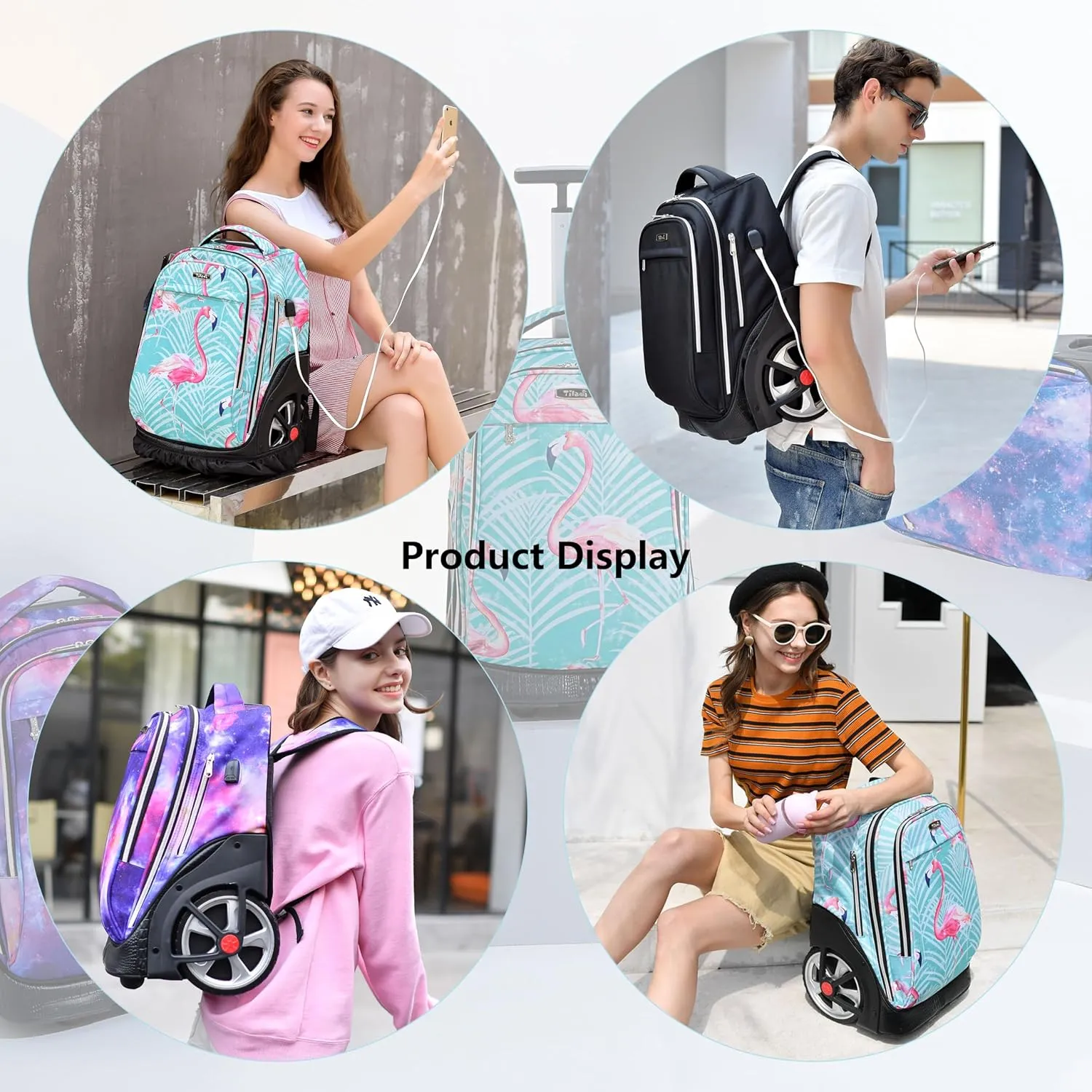 NEW TILAMI Rolling Backpack 19 inch Teens Rolling Backpack Cute Wheeled Computer Laptop Backpack Bookbag Roller Travel Bag College, Navy Blue