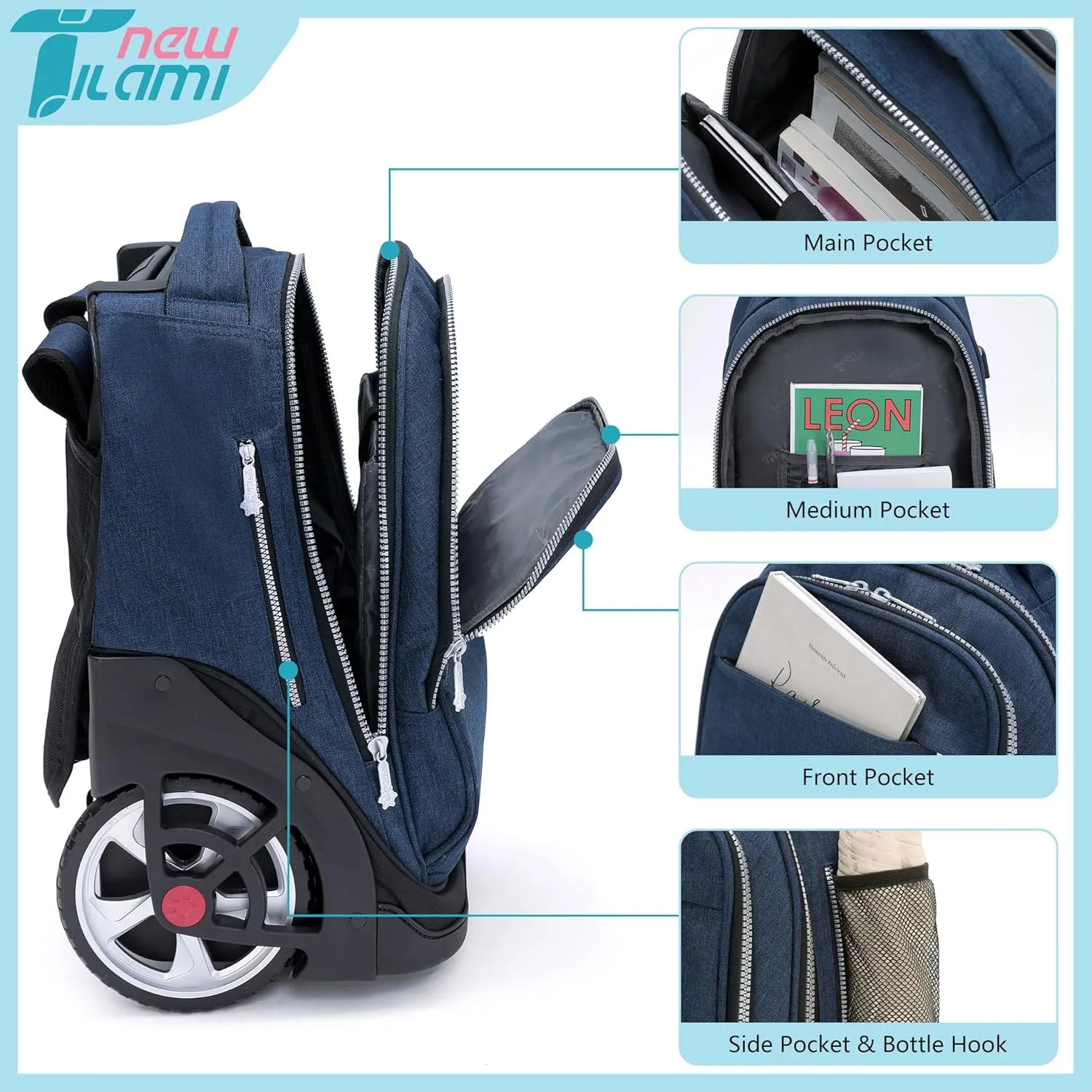 NEW TILAMI Rolling Backpack 19 inch Teens Rolling Backpack Cute Wheeled Computer Laptop Backpack Bookbag Roller Travel Bag College, Navy Blue