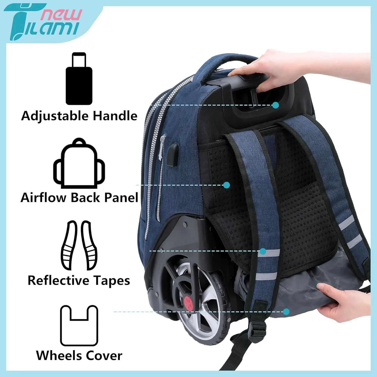 NEW TILAMI Rolling Backpack 19 inch Teens Rolling Backpack Cute Wheeled Computer Laptop Backpack Bookbag Roller Travel Bag College, Navy Blue