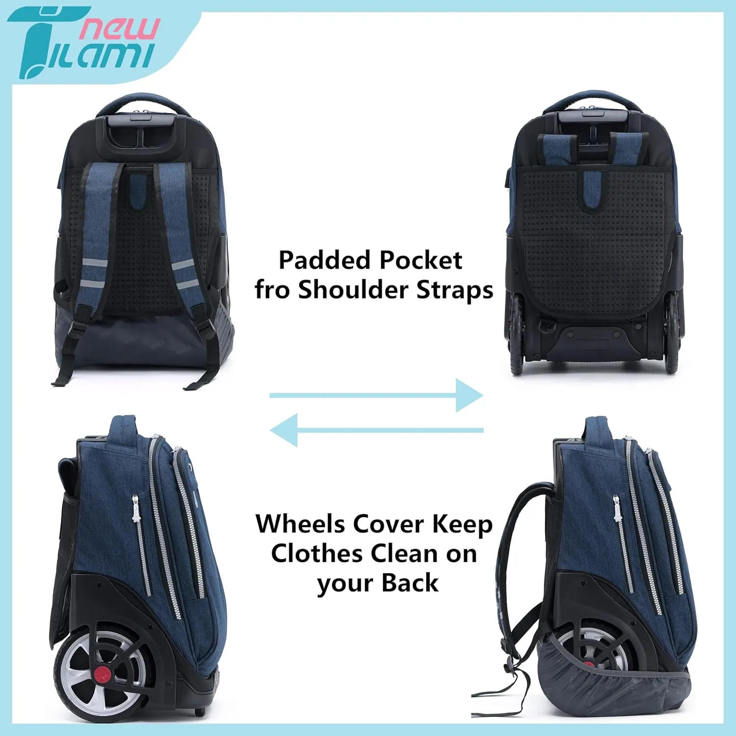 NEW TILAMI Rolling Backpack 19 inch Teens Rolling Backpack Cute Wheeled Computer Laptop Backpack Bookbag Roller Travel Bag College, Navy Blue