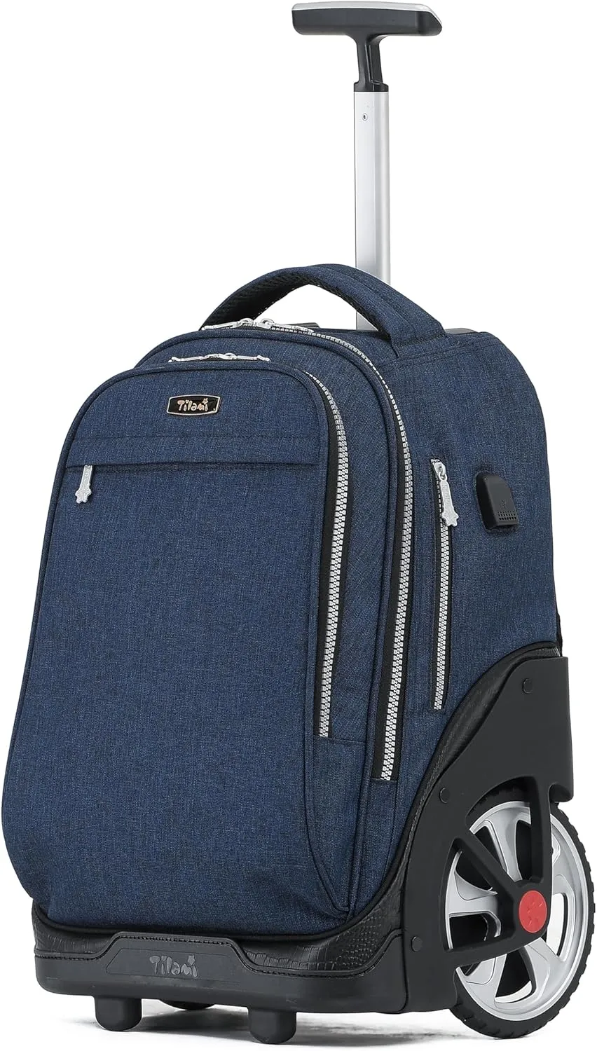 NEW TILAMI Rolling Backpack 19 inch Teens Rolling Backpack Cute Wheeled Computer Laptop Backpack Bookbag Roller Travel Bag College, Navy Blue