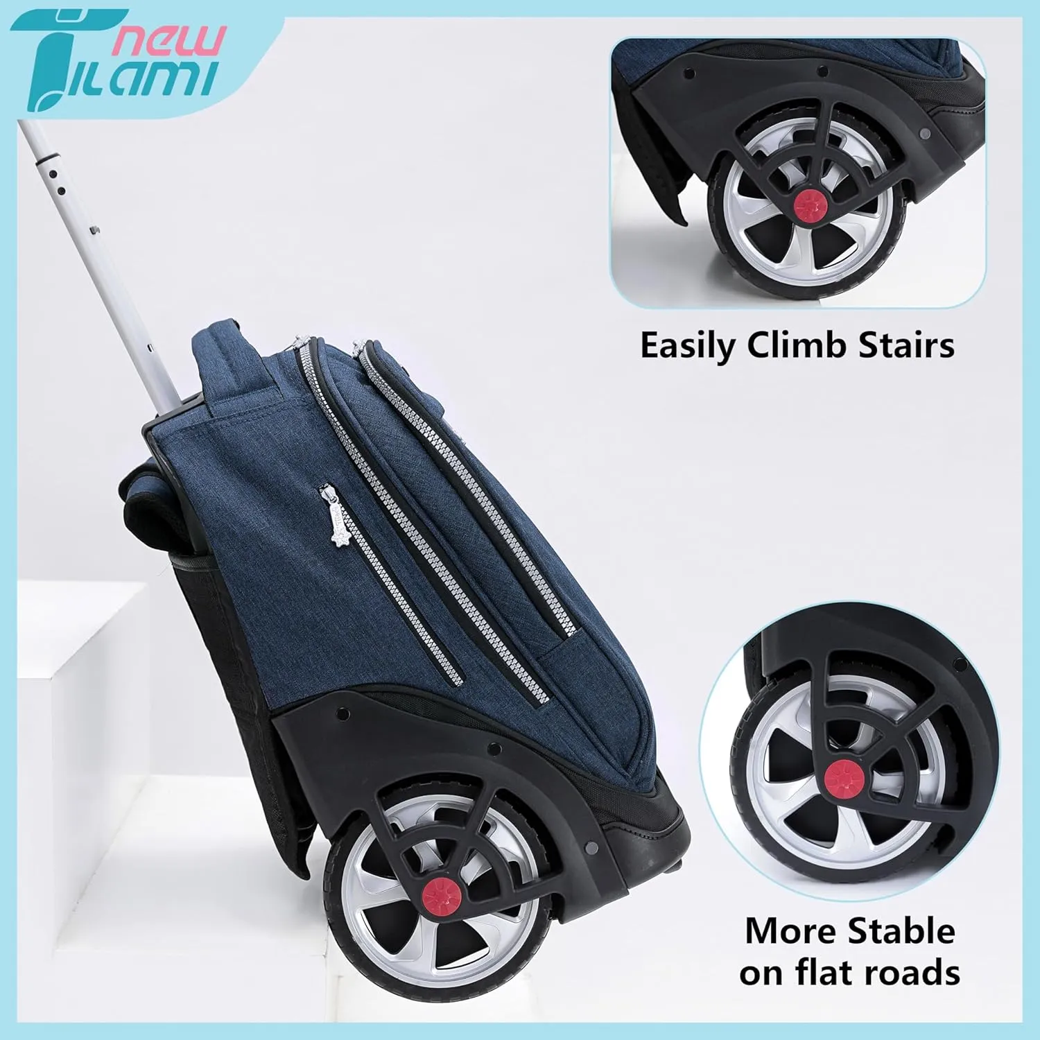 NEW TILAMI Rolling Backpack 19 inch Teens Rolling Backpack Cute Wheeled Computer Laptop Backpack Bookbag Roller Travel Bag College, Navy Blue