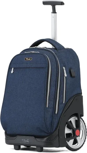 NEW TILAMI Rolling Backpack 19 inch Teens Rolling Backpack Cute Wheeled Computer Laptop Backpack Bookbag Roller Travel Bag College, Navy Blue