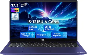 NIMO 17.3" IPS FHD-Business-Laptop, Intel 6 Core i3-1215U 32GB RAM 2TB SSD (Beat i5-1135G7, Up to 4.4GHz) Laptop-Computer with Fingerprint Backlit Keyboard 65W Type C Wi-Fi 6 Numpad Win 11