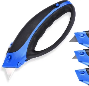 Noa Store Box Cutter Retractable, Set of 3, 2.9"x6.6" - 3-Position Manual Slider Button with Ceramic Blade - Alternative to Utility Knives - for Cutting Packaging, Foam, Vinyl, Cardboard - Blue/Black