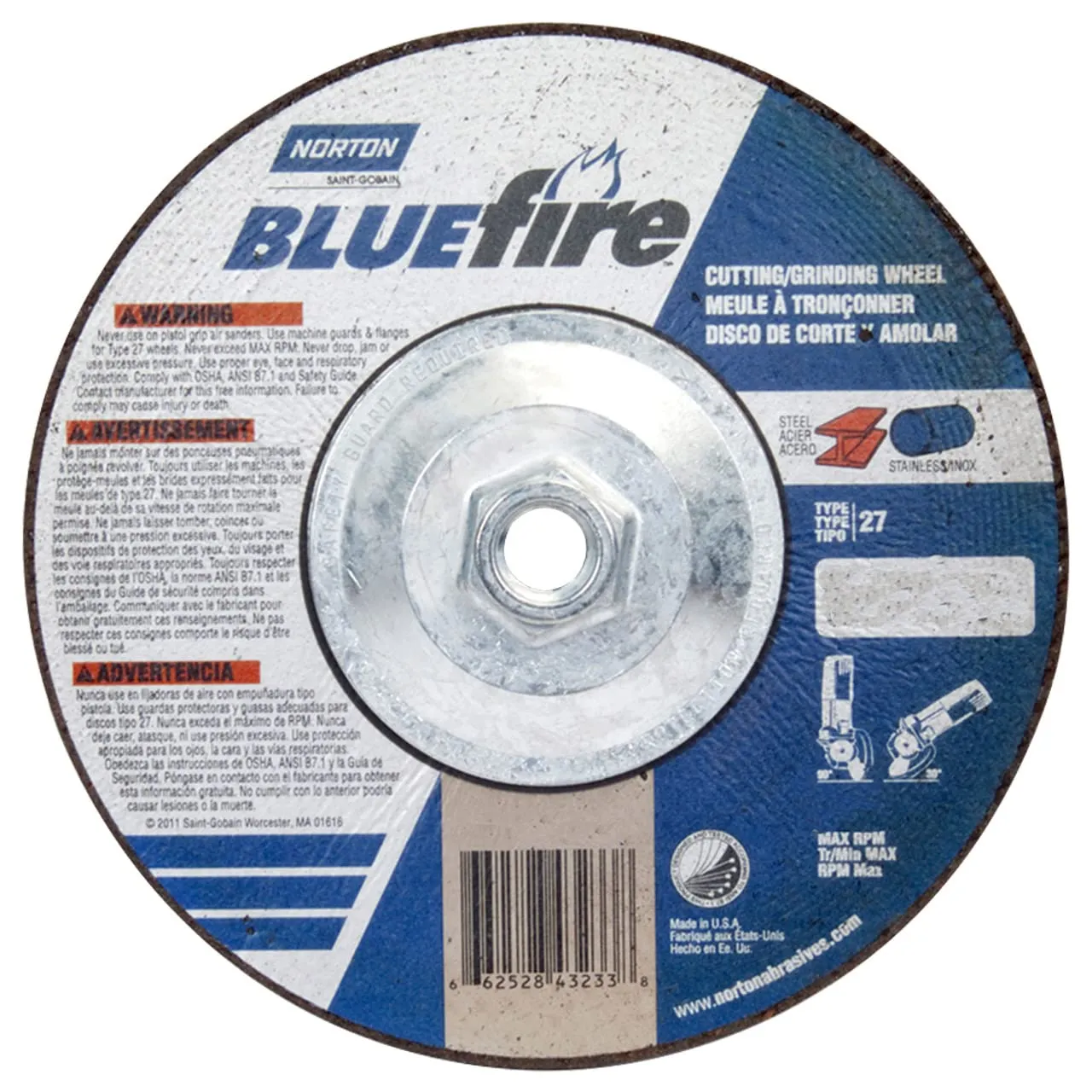 Norton 66252843233 7x1/8x5/8-11 in. BlueFire ZA/AO Grinding and Cutting Wheels, Type 27, 30 Grit, 10 Pack