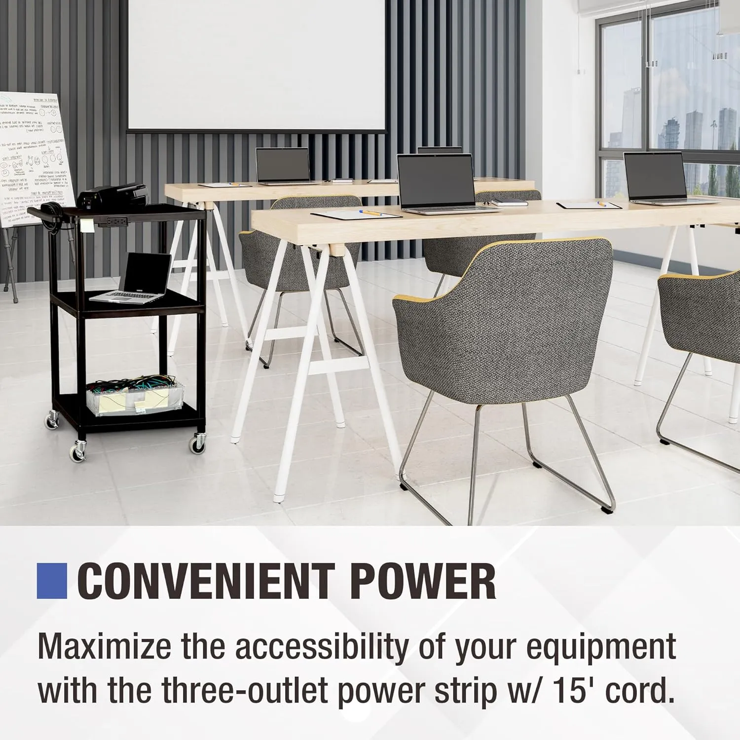 Norwood Commercial Furniture Mobile Utility AV Cart with Power Strip and Casters, Rolling Presentation and Media Cart on Wheels, Black