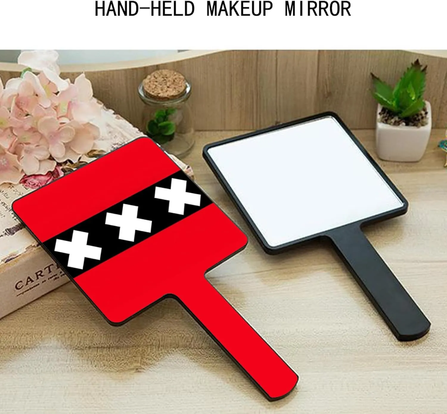 Novelty Amsterdam Flag Handheld Makeup Mirror Square Travel Cosmetic Mirror Portable Vanity Mirror Tool Fit Daily, Shaving, Beautify, Travel Black 9×16Cm
