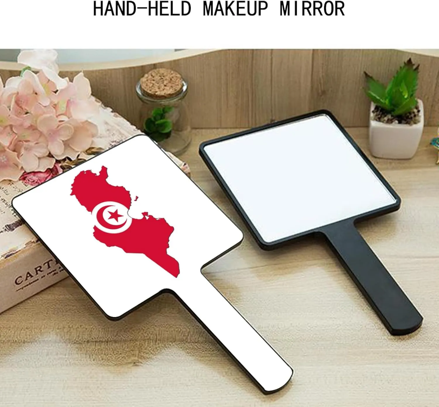 Novelty Republic of Tunisia Map National Flag Handheld Mirror - Personalized Beauty Hairdressing Mirror for Women, Makeup Handheld Mirror with Handle Black 12×22Cm