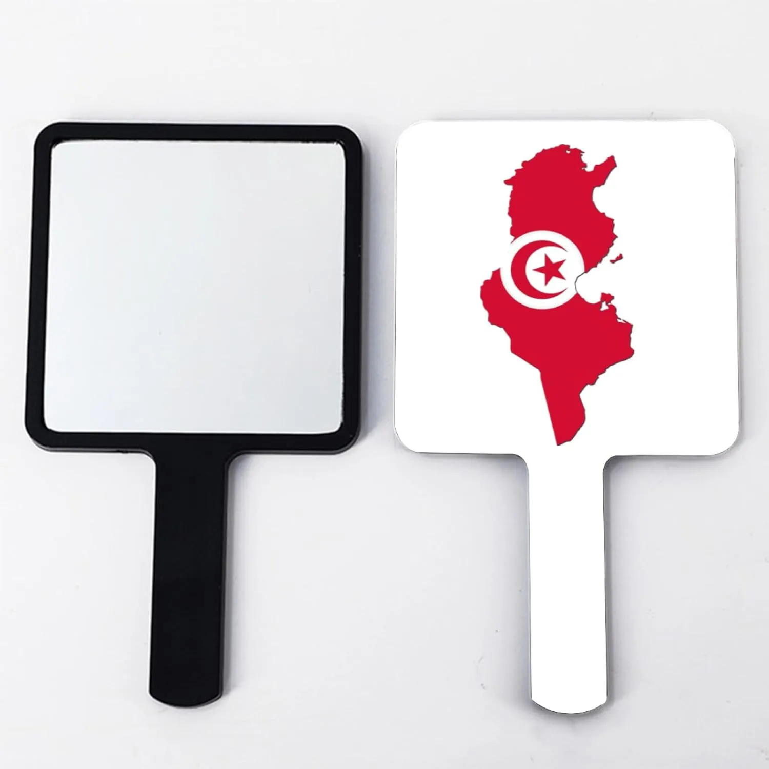 Novelty Republic of Tunisia Map National Flag Handheld Mirror - Personalized Beauty Hairdressing Mirror for Women, Makeup Handheld Mirror with Handle Black 12×22Cm