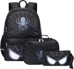 Octsky Kids Backpack for School Boys Backpack with Lunch Box Elementary Bookbag, Spider Black 3pcs