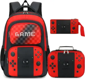 Octsky School Backpack Boys Game Bookbag for Kids Children Elementary School Backpack with Lunch Box, Red