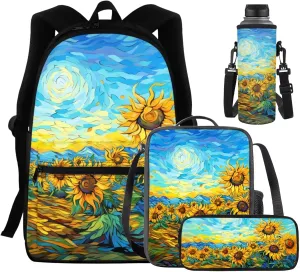 Oil Painting 4Pc Backpack Set for Girls Multi-Functional Adjustable Straps Crossbody School Bag Recycle Food Bag with Water Bottle Cover for Climbing School