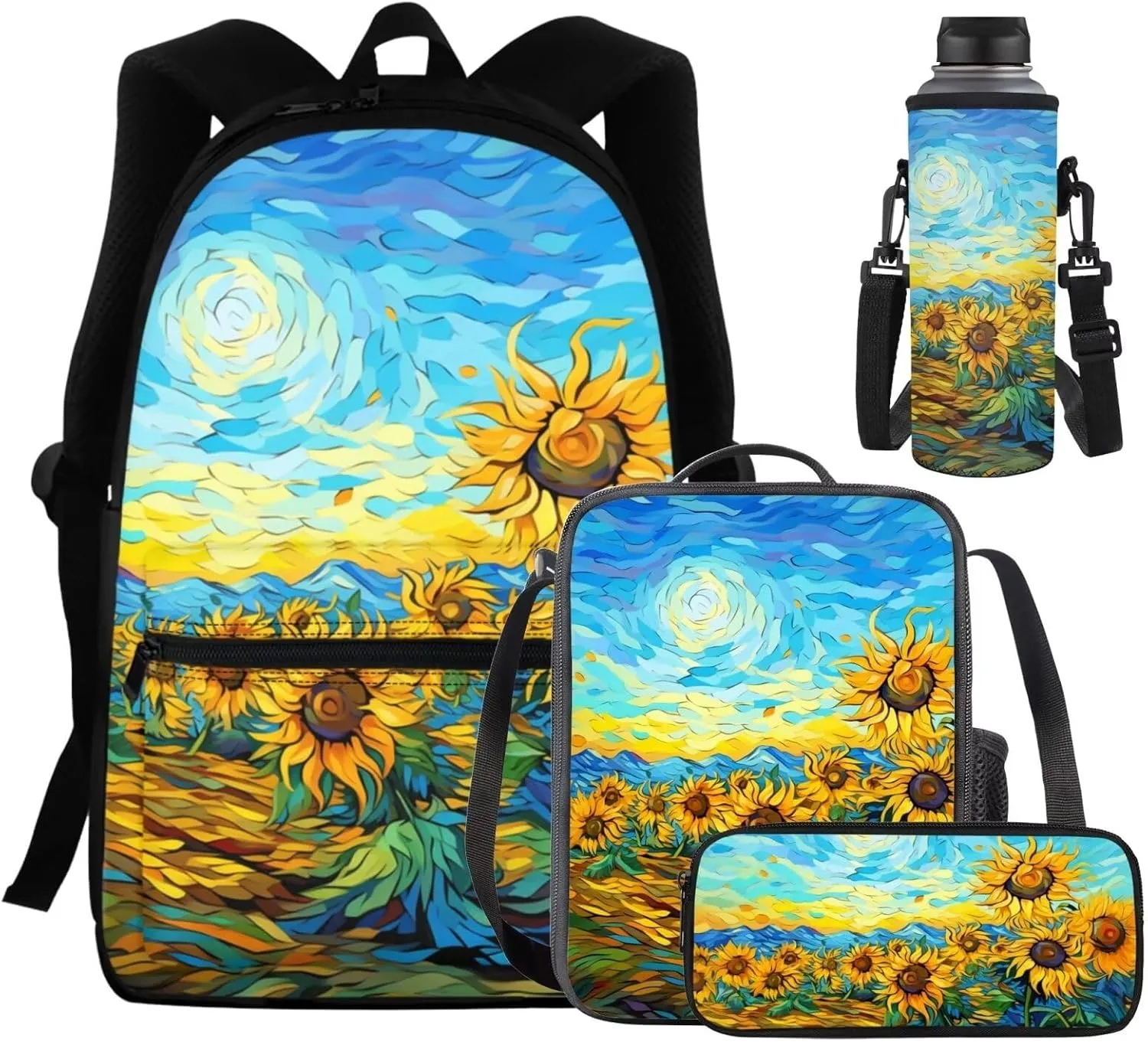 Oil Painting 4Pc Backpack Set for Girls Multi-Functional Adjustable Straps Crossbody School Bag Recycle Food Bag with Water Bottle Cover for Climbing School
