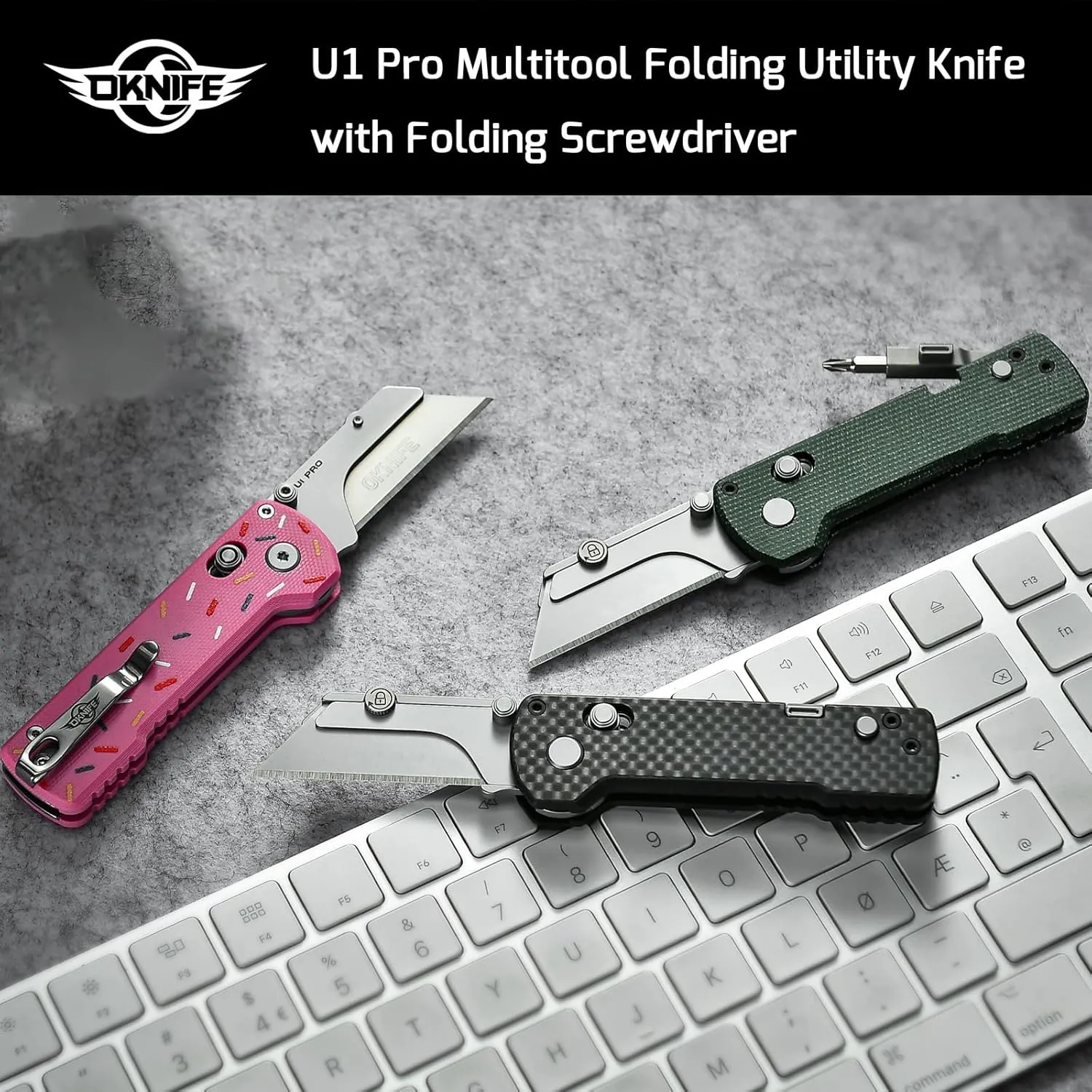 OKNIFE U1 Pro Multitool Folding Utility Knife with Folding Screwdriver, Quick Change Blade, Rail Lock & Pocket Clip for Men and Women (Carbon Fiber Overlay）