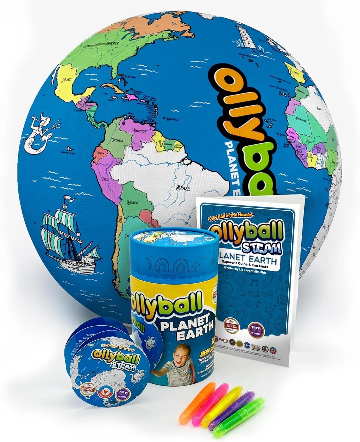 Ollyball Planet Earth 22" MEGA with 150 colorable Countries and 24-Page Lesson Plan STEAM and STEM Accredited Indoor and Outdoor Kickball