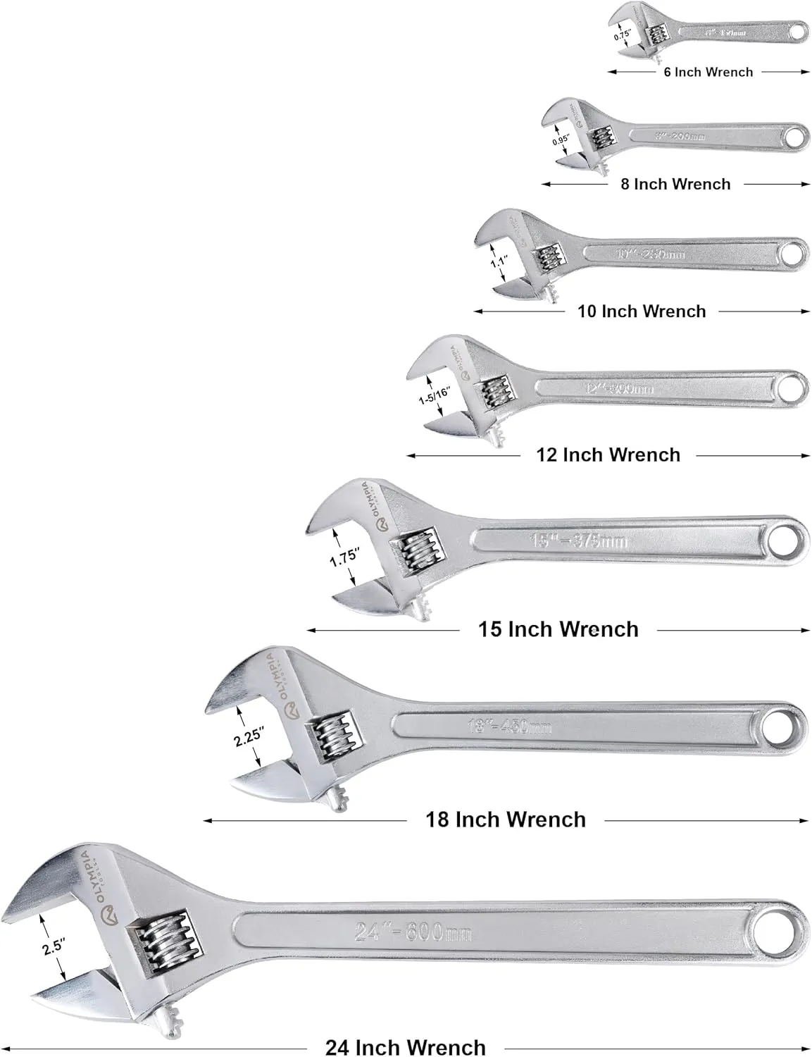 Olympia Tools 15" Adjustable Wrench, Heavy Duty Drop Forged Steel, Chrome Plated, Precision Machined Jaws, Rust Resistant
