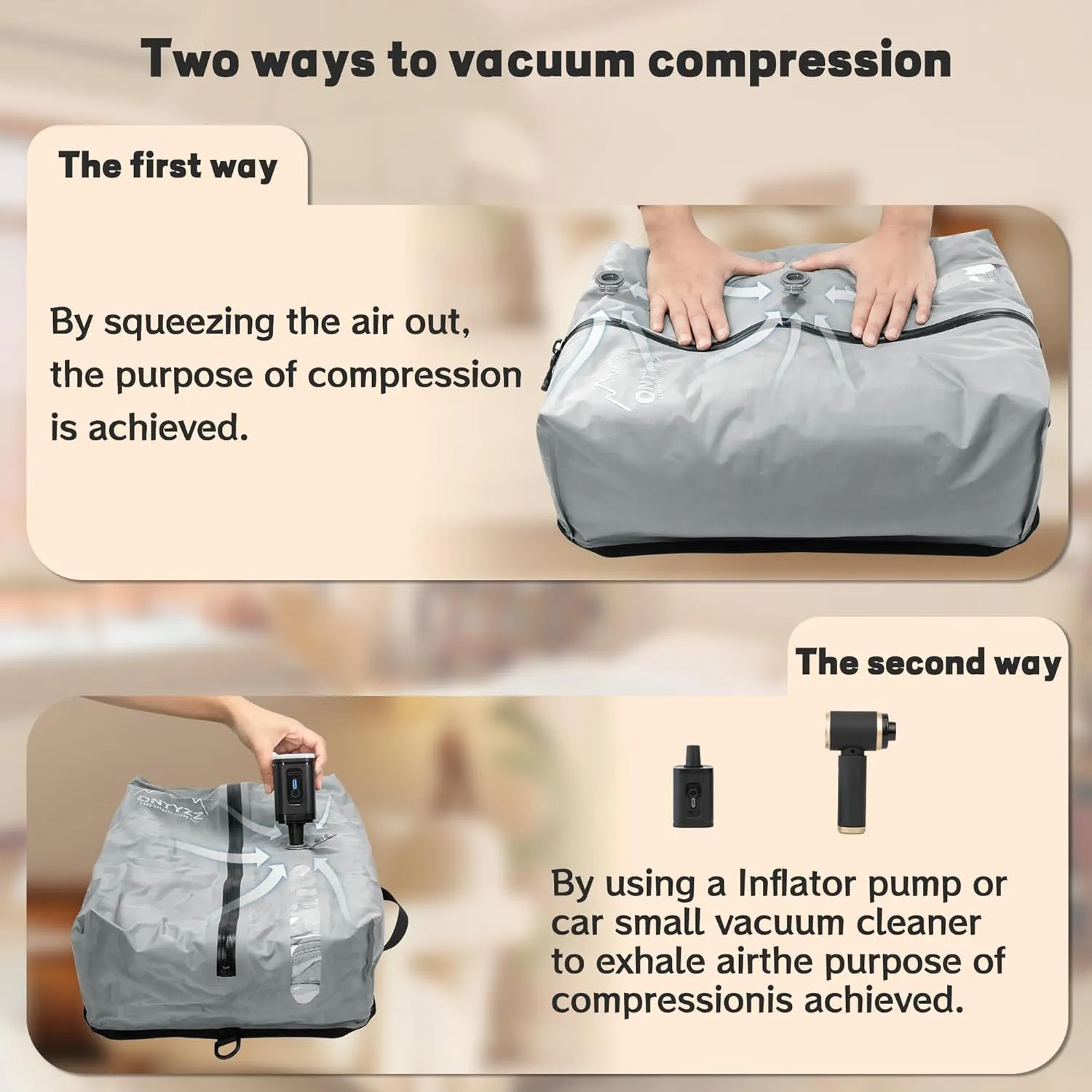 ONTYZZ Travel Vacuum Compression Bags Reusable Compression Bag with IP67 Waterproof Zipper Space Saver Vacuum Bags for Suitcase,One Pack Grey