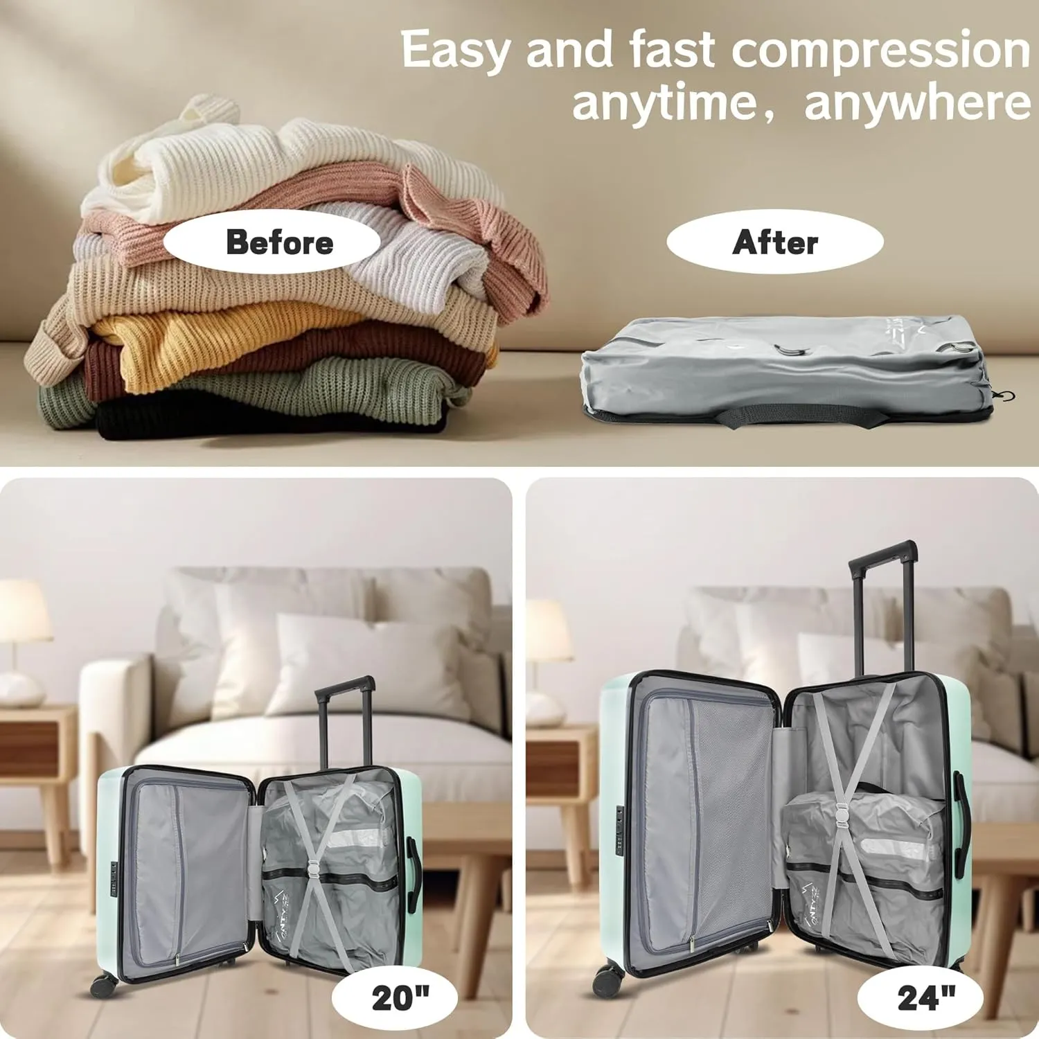 ONTYZZ Travel Vacuum Compression Bags Reusable Compression Bag with IP67 Waterproof Zipper Space Saver Vacuum Bags for Suitcase,One Pack Grey