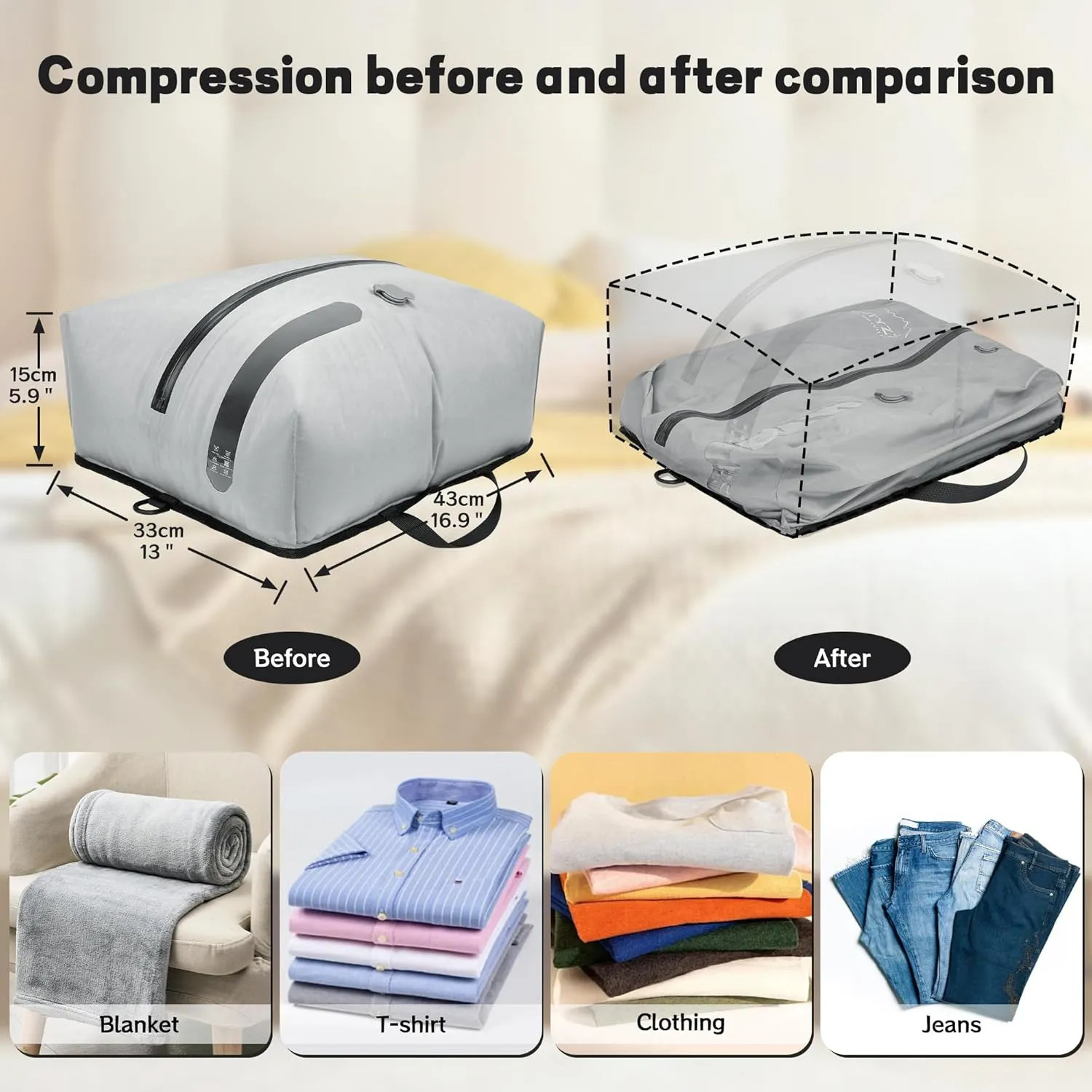 ONTYZZ Travel Vacuum Compression Bags Reusable Compression Bag with IP67 Waterproof Zipper Space Saver Vacuum Bags for Suitcase,One Pack Grey