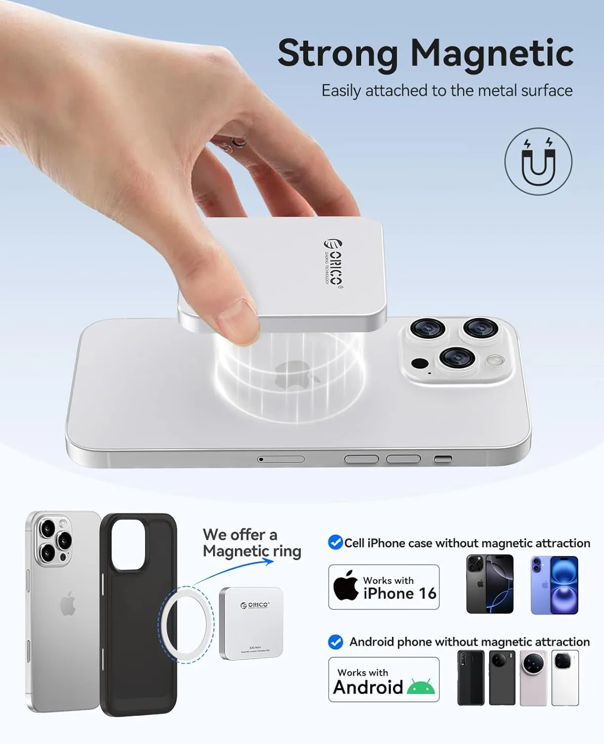 ORICO 2TB Magnetic External SSD, Aluminum Alloy, Up to 2000MB/s, 4K 120Hz ProRes HDR Record and Store, External Solid State Drive, Compatible with iPhone 16 Pro Max, Tablet, Computer - K20MINI