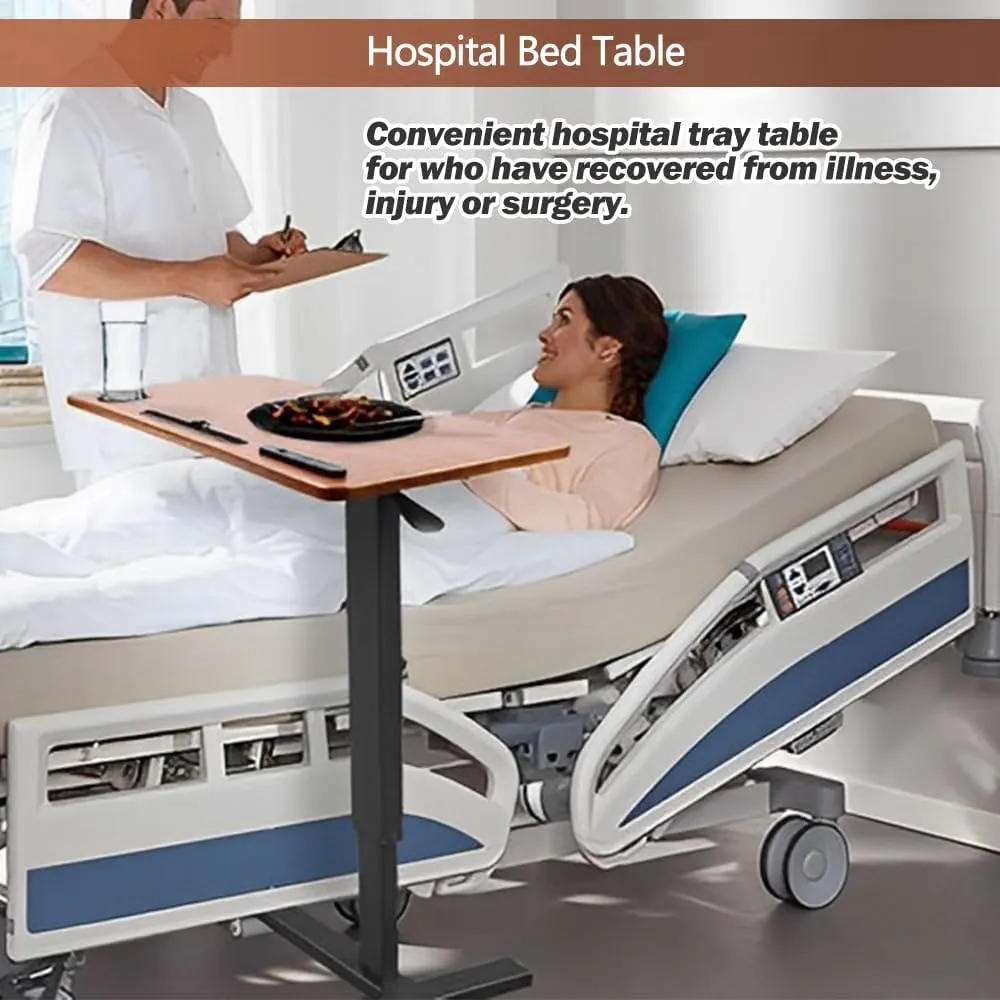 Overbed Table,Hospital Bed Table,Pneumatic Bed Tables Adjustable Over The Bed with Hidden Wheels&USB,Mobile Laptop Cart&Rolling Bedside Table with Tray Hospital Home Use-Walnut