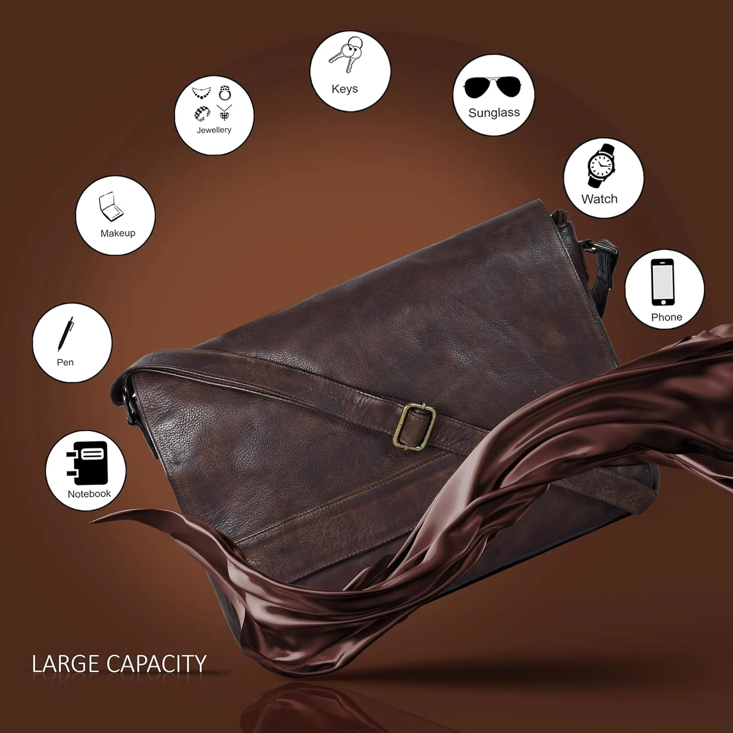 Ozora Genuine Leather Unisex Crossbody Messenger Bag with Adjustable Strap for 17 Inch Laptop, Travel, Office