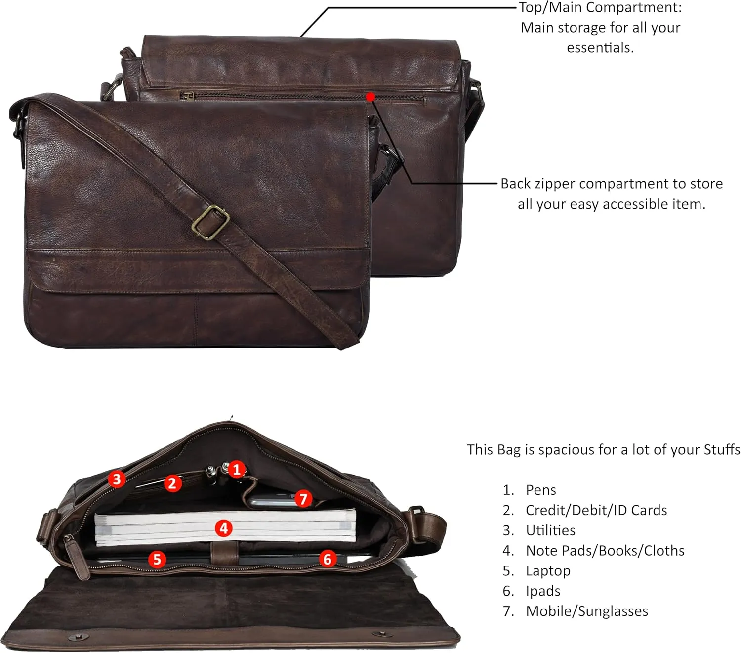 Ozora Genuine Leather Unisex Crossbody Messenger Bag with Adjustable Strap for 17 Inch Laptop, Travel, Office