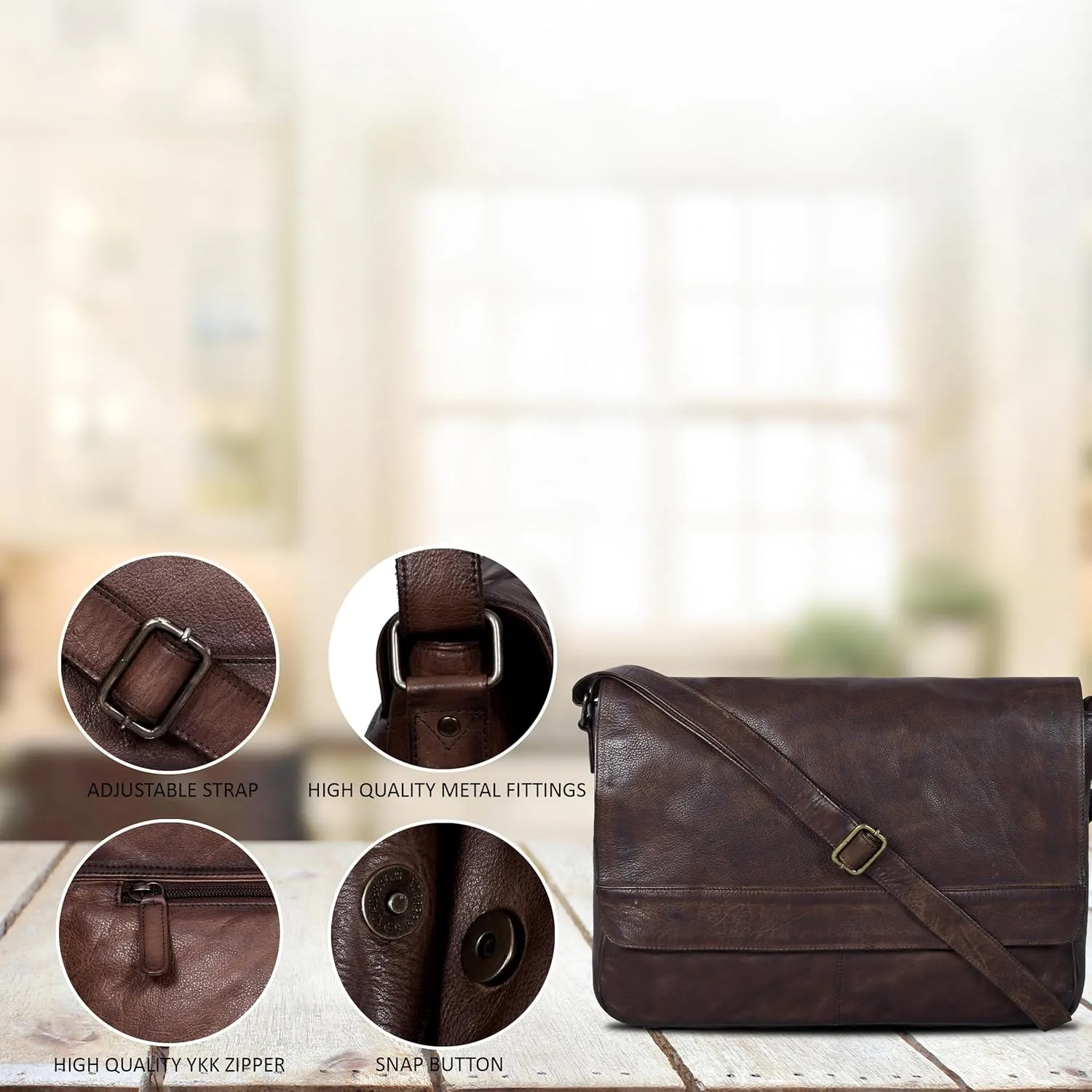 Ozora Genuine Leather Unisex Crossbody Messenger Bag with Adjustable Strap for 17 Inch Laptop, Travel, Office