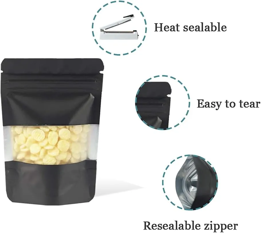 PABCK 100 Pcs 4.7x7.87 inch Matte Black Resealable Stand Up Bags with Window Heat Seal Bulk Food Storage Packaging Foil Pouches